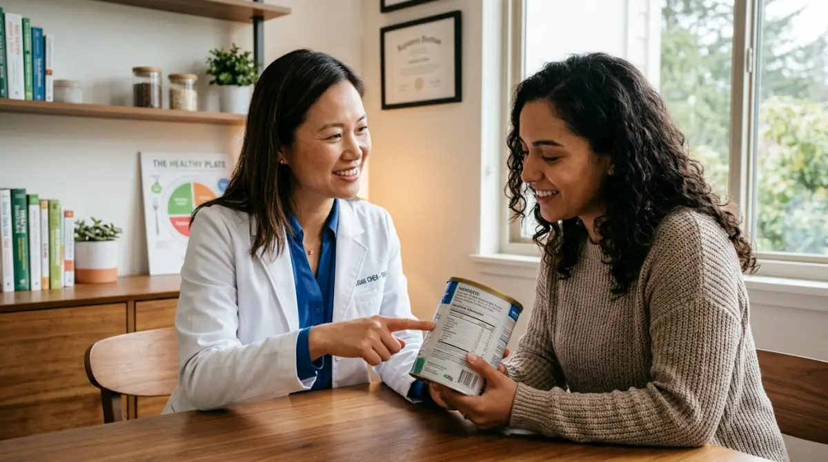 Chuyên gia tư vấn dinh dưỡng Sữa Mimi. Chuyên gia dinh dưỡng Sữa Mimi đang tư vấn cách đọc bảng thành phần trên sữa đặc trị.