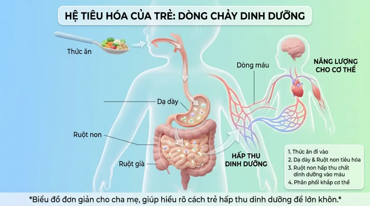 Minh họa hệ tiêu hóa của trẻ em và tầm quan trọng của hệ vi sinh đường ruột.